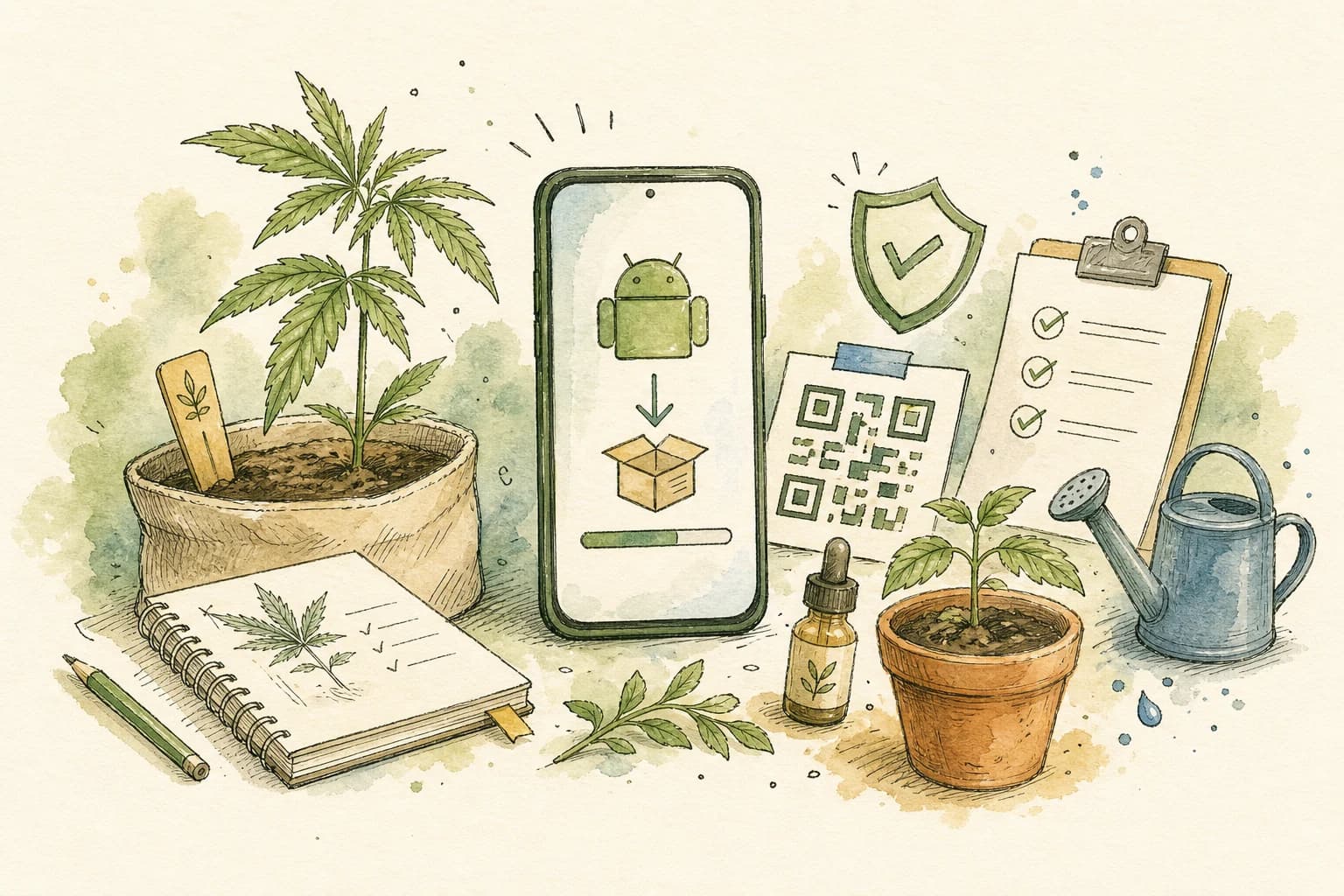 Ilustración manuscrita de un celular Android descargando una app